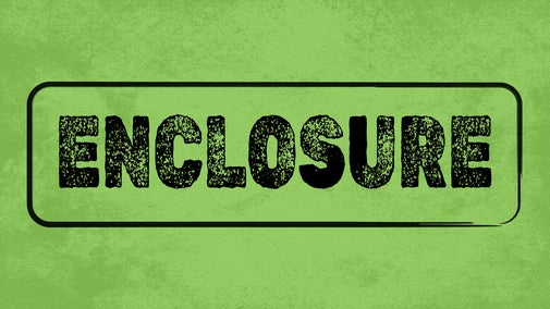 The word Enclosure stamped in black capital letters on a green background